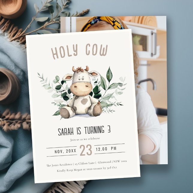 Invitación Cute Holy Cow Foliage Pastel Photo Kids Cumpleaños (Subido por el creador)