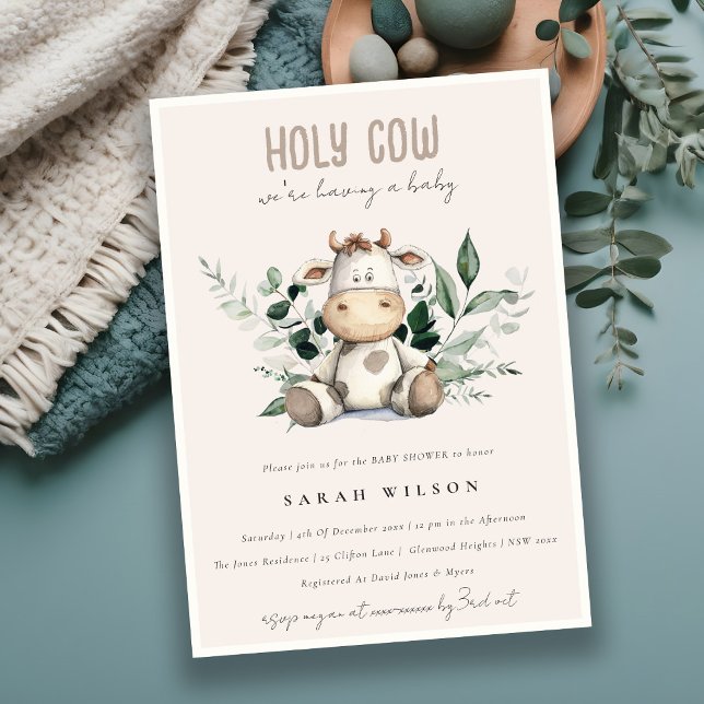 Invitación Cute Holy Cow Foliage Pastel Rubor Baby Shower (Subido por el creador)