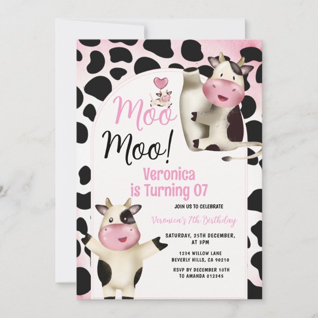 Invitación Cute Holy Cow Moo Moo Any Age Birthday Party (Anverso)