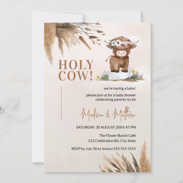Invitación Cute Holy Cow Pampas Rustic Farm Baby Shower (Anverso)