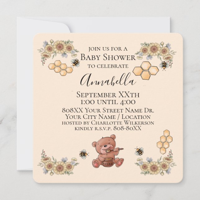 Invitación Cute Honey Bear y Abejas con Sunflowers Baby Showe (Anverso)