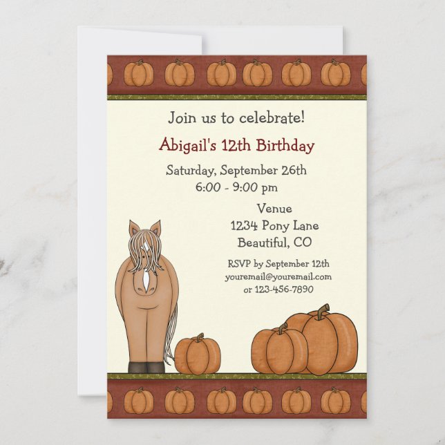 Invitación Cute Horse and Fall Pumpkins Cumpleaños de Otoño (Anverso)
