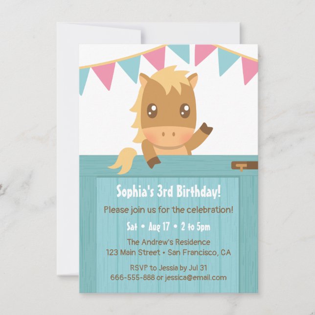 Invitación Cute Horse Blue Stable Girls fiesta de cumpleaños (Anverso)
