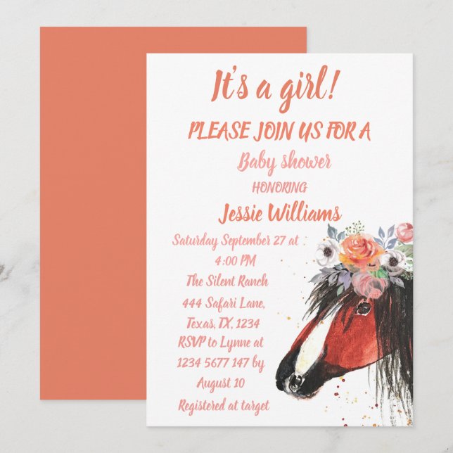 Invitación Cute Horse Boho Ranch Baby Girl Western Floral Inv (Anverso / Reverso)