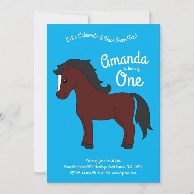 Invitación Cute Horse Kids 1er cumpleaños Fiesta Azul (Anverso)