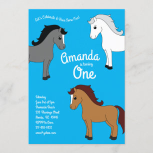 Invitación Cute Horse Kids 1er cumpleaños Fiesta Azul