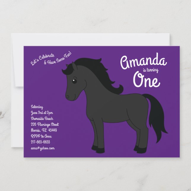 Invitación Cute Horse Kids 1er cumpleaños Fiesta Purple Black (Anverso)