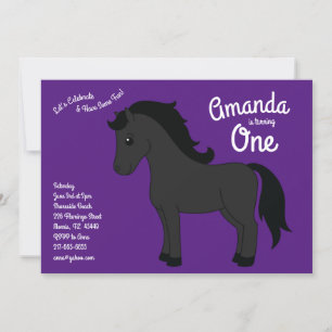 Invitación Cute Horse Kids 1er cumpleaños Fiesta Purple Black