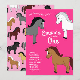 Invitación Cute Horse Kids Primer Fiesta Chicas rosados