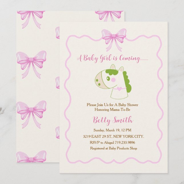 Invitación Cute Horse Pink Bow Personalized Girl Baby Shower  (Anverso / Reverso)