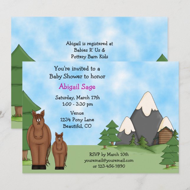 Invitación Cute Horses y Chica de Montañas Baby Shower (Anverso / Reverso)