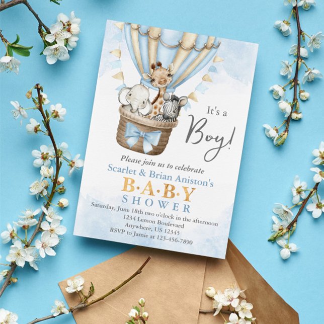 Invitación Cute Hot Air Balloon Safari Animals Baby Shower (Subido por el creador)