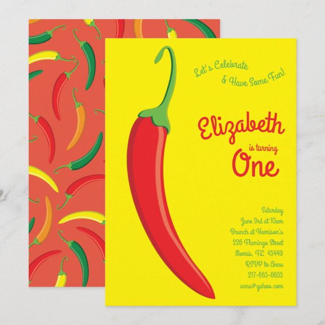 Invitación Cute Hot Chili Pepper Kids Primer Fiesta de cumple (Anverso / Reverso)