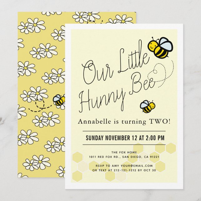 Invitación Cute Hunny Bee Niños Amarillos Fiesta de cumpleaño (Anverso / Reverso)