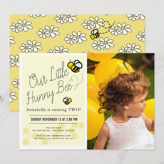 Invitación Cute Hunny Bee Niños Amarillos Foto Fiesta de cump (Anverso / Reverso)