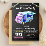 Invitación Cute Ice Cream Truck Birthday Party<br><div class="desc">Invite your guests with this unique birthday party invitation featuring an adorable little ice cream truck and modern typography against a chalkboard background. Simply add your event details on this easy-to-use template to make it a one-of-a-kind invitation. Flip the card over to reveal a colorful stripes pattern on the back...</div>