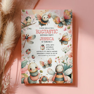 Invitación Cute Insectos Bugtastic Chica Rosa Niños Cumpleaño