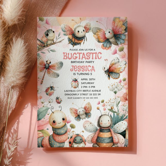 Invitación Cute Insectos Bugtastic Chica Rosa Niños Cumpleaño (Subido por el creador)