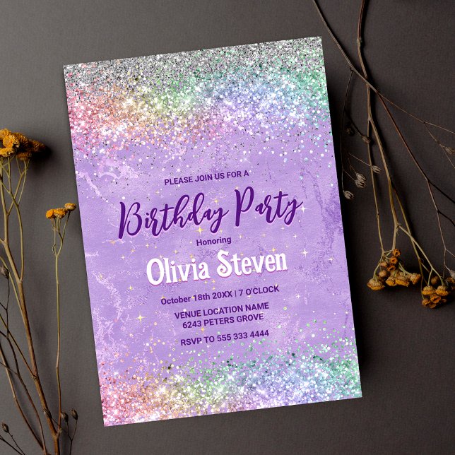 Invitación Cute iridescen lilac púrpura purpurina (Subido por el creador)