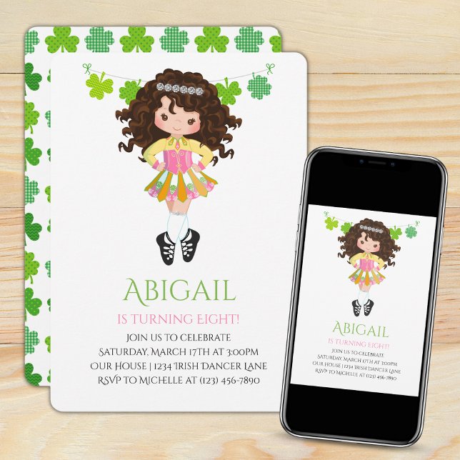 Invitación Cute Irish Dance Brunette Girl Shamrocks Birthday (Subido por el creador)
