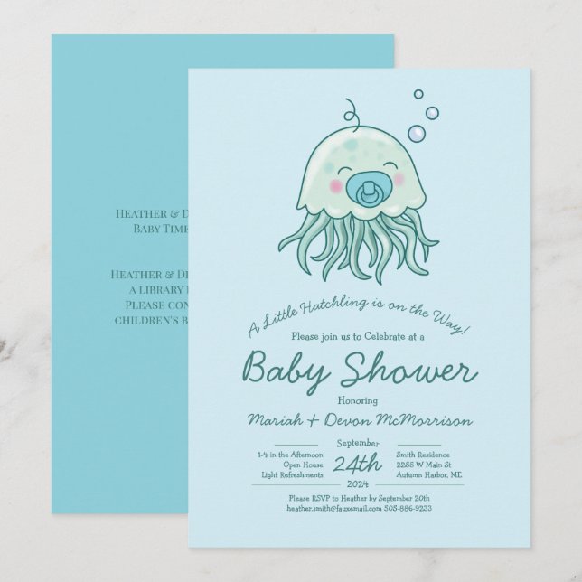 Invitación Cute Jellyfish Baby Shower Kawaii Blue Boy (Anverso / Reverso)