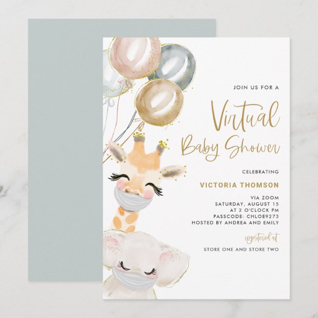 Invitación Cute jirafa y elefante Baby Shower virtual (Anverso / Reverso)
