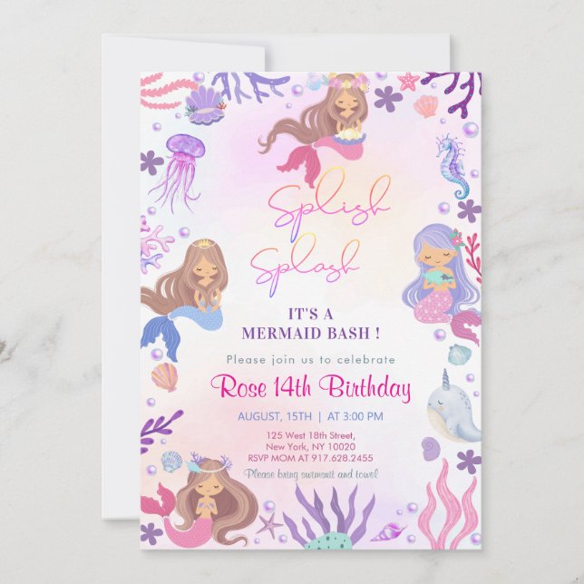 Invitación Cute judía de sirena bajo el mar cumpleaños (Anverso)
