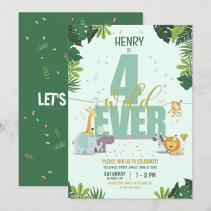 Invitación Cute Jungle Safari Animales Cuatro Años Salvajes