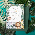 Invitación Cute Jungle Safari Animals Boy Birthday Party<br><div class="desc">¡Esta dulce invitación a la fiesta de cumpleaños es perfecta para el cumpleaños de tu pequeño! Un diseño moderno con hojas de acuarela verde (hojas tropicales como monstera y otras) colocadas alrededor del borde, un mono, un elefante, un león, una cebra, un león y una jirafa. Los detalles del fiesta...</div>