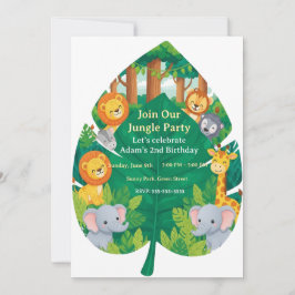 Invitación Cute Jungle Safari Animals Leaf Shape 2nd Birthday