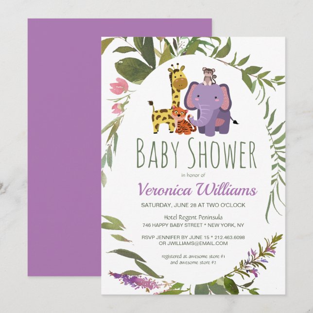 Invitación Cute Jungle Safari Animals Purple Baby Shower (Anverso / Reverso)