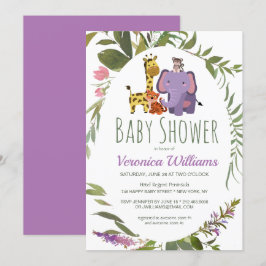 Invitación Cute Jungle Safari Animals Purple Baby Shower