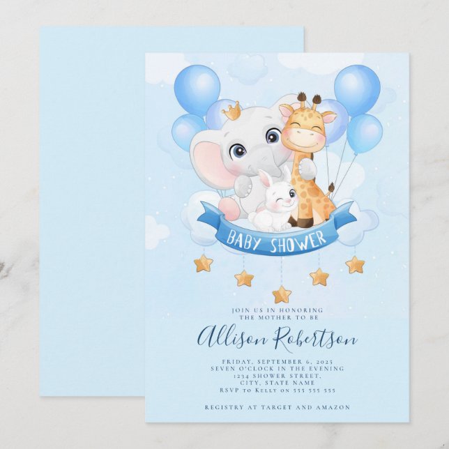 Invitación Cute Jungle Safari Animals Watercolor Baby Shower (Anverso / Reverso)