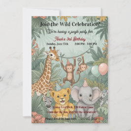 Invitación Cute Jungle Safari Animals Wild One 3rd Birthday
