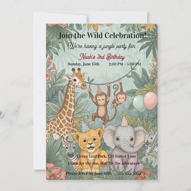 Invitación Cute Jungle Safari Animals Wild One 3rd Birthday  (Anverso)