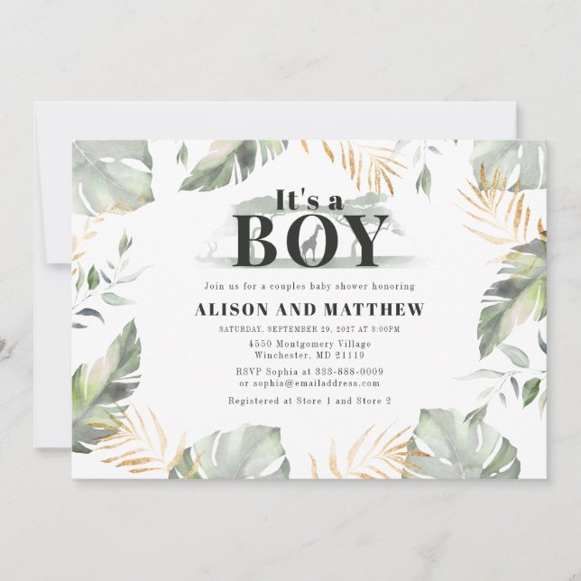 Invitación Cute Jungle Safari Baby Shower Boys Giraffe (Anverso)