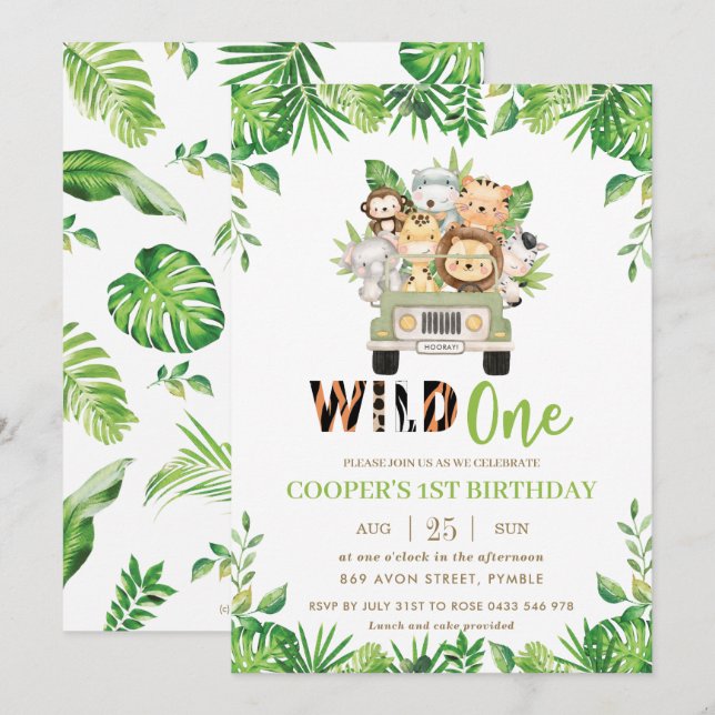 Invitación Cute Jungle Safari Car Greenery cumpleaños Wild On (Anverso / Reverso)