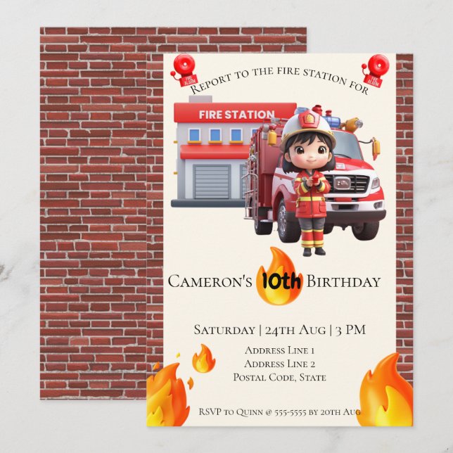 Invitación Cute Kawai Fire fighter Chica Tema Cumpleaños (Anverso / Reverso)