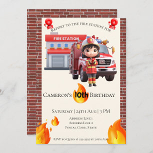 Invitación Cute Kawai Fire fighter Chica Tema Cumpleaños