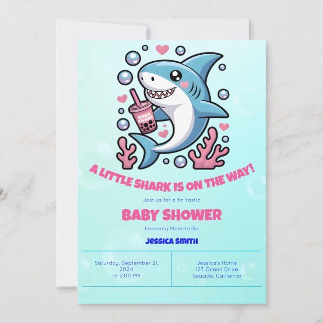 Invitación Cute Kawaii Boba Shark Baby Shower rosa y azul (Anverso)