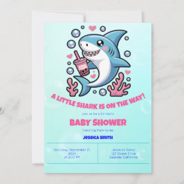 Invitación Cute Kawaii Boba Shark Baby Shower rosa y azul