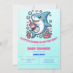 Invitación Cute Kawaii Boba Shark Baby Shower rosa y azul