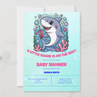 Invitación Cute Kawaii Bubble Tea Shark Baby Shower