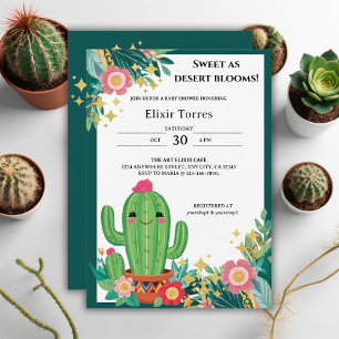 Invitación Cute Kawaii Desert Bloom Floral Cactus Baby Shower