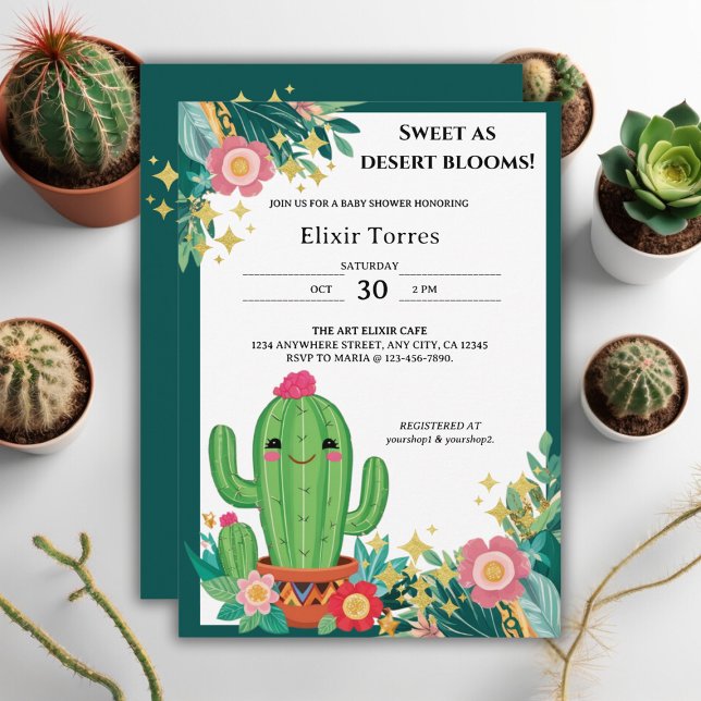 Invitación Cute Kawaii Desert Bloom Floral Cactus Baby Shower (Subido por el creador)