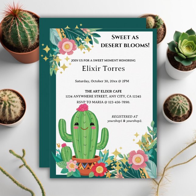 Invitación Cute Kawaii Desert Bloom Floral Cactus Baby Shower (Subido por el creador)