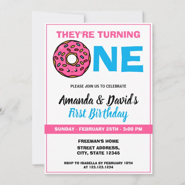 Invitación Cute Kawaii Donut White Joint Twin 1er cumpleaños (Anverso)