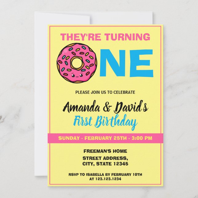 Invitación Cute Kawaii Donut Yellow Joint Twin 1er cumpleaños (Anverso)