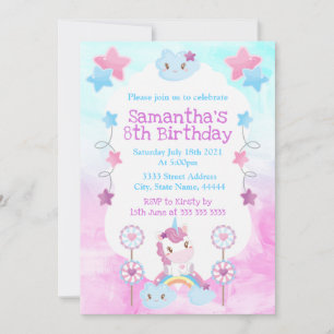 Invitación Cute Kawaii Dreamy Unicorn Nube Arcoiris