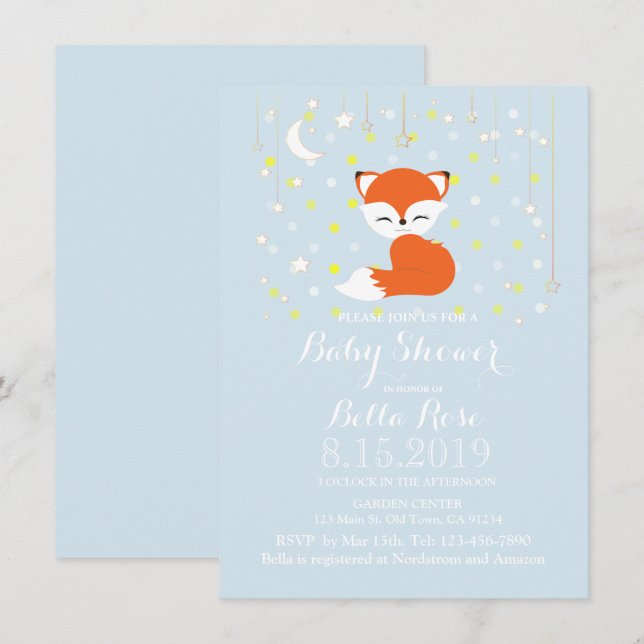 Invitación Cute Kawaii Fox Stars Woodland Theme Baby Shower (Anverso / Reverso)